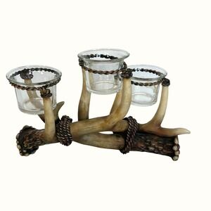 Rustic Faux Antler Triple Votive Candle Holder Lodge Cabin Decor Resin Glass‎